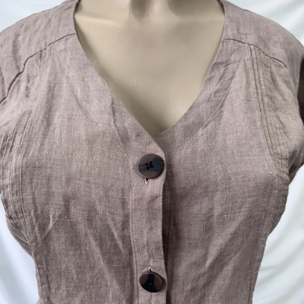 J.Jill 100% Linen Button Front Mini Short Sleeve Dress Tan size Medium - Picture 3 of 9